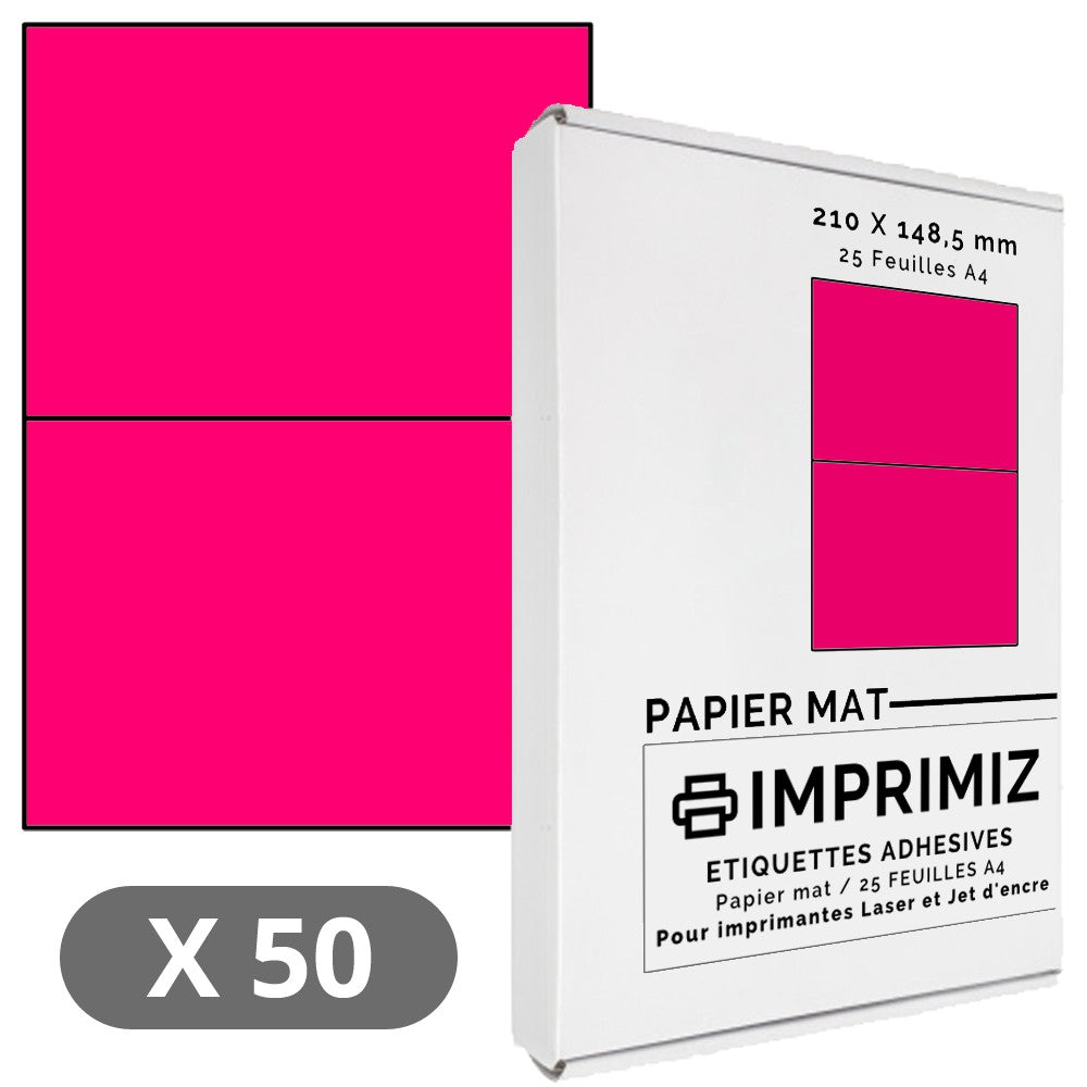 50 Étiquettes 210 x 148.5 mm - Rose fluo - 25 Feuilles autocollantes A4