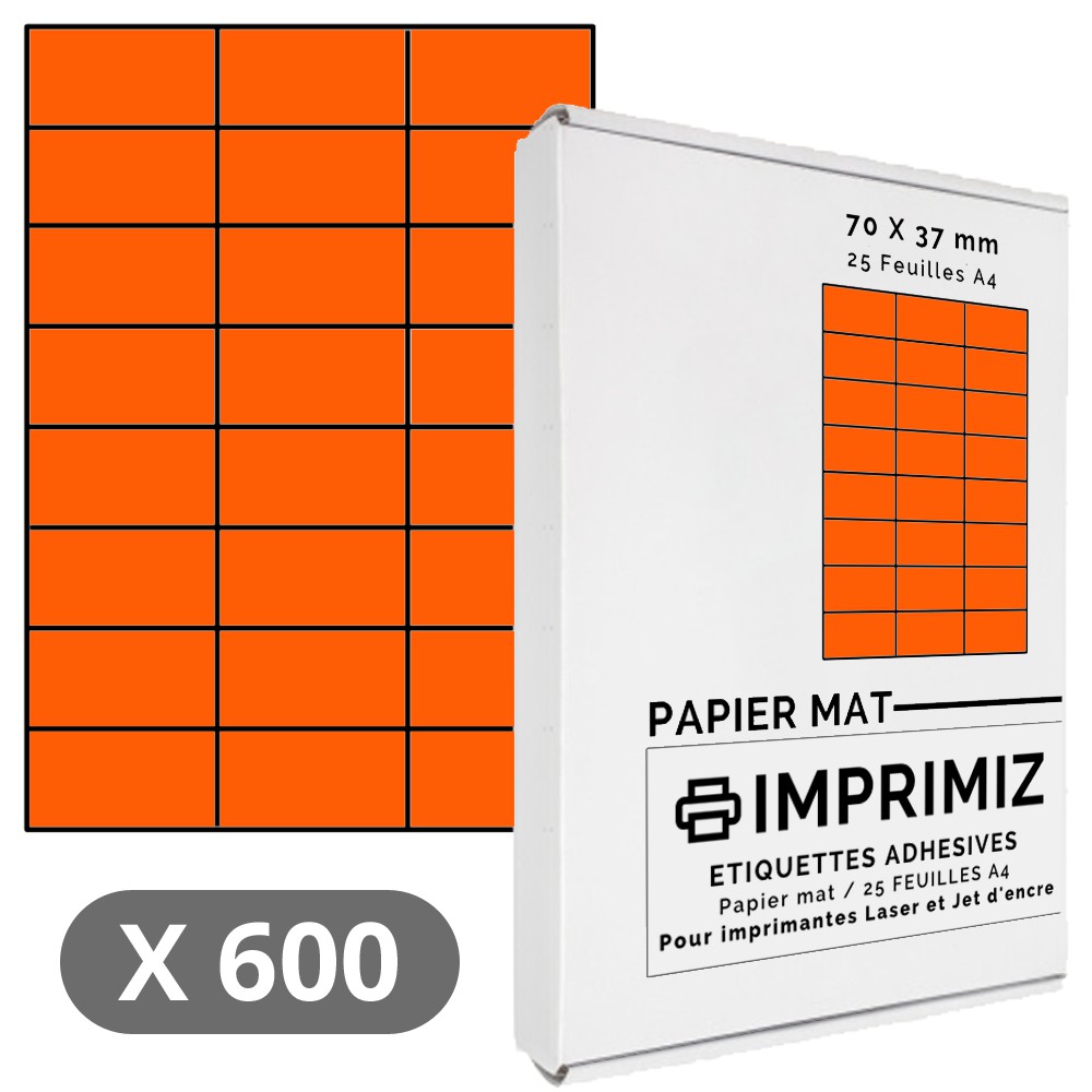 600 Labels 70 x 37 mm - Fluorescent orange - 25 A4 self-adhesive sheets