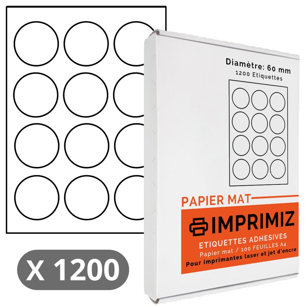 1200 Round Labels 60 mm in diameter - 100 A4 Sheets - Matte Paper