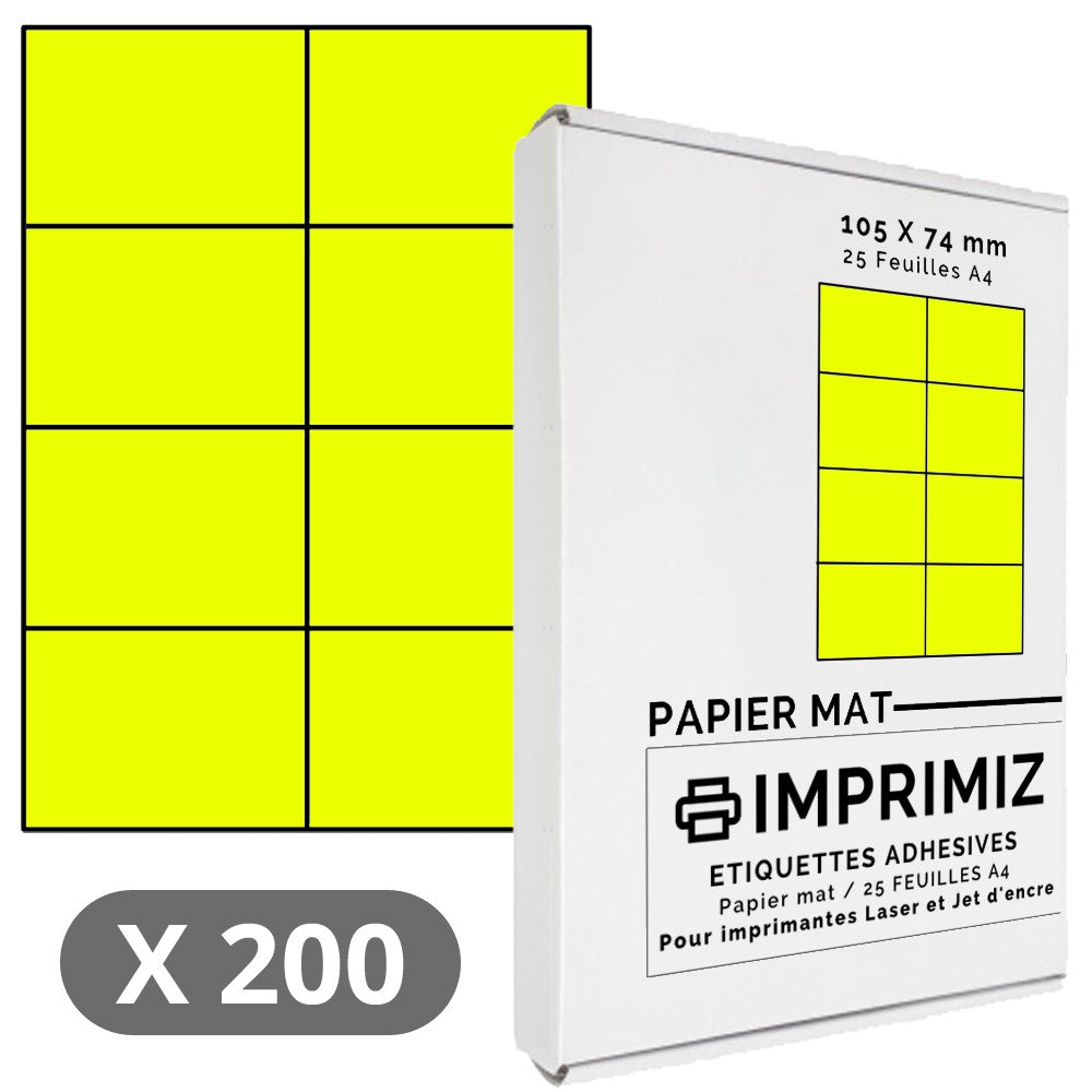 200 Étiquettes 105 x 74 mm - Jaune fluo - 25 Feuilles autocollantes A4