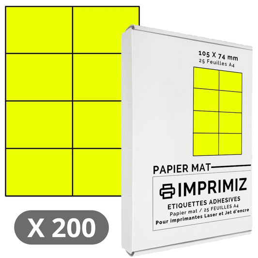 200 Étiquettes 105 x 74 mm - Jaune fluo - 25 Feuilles autocollantes A4