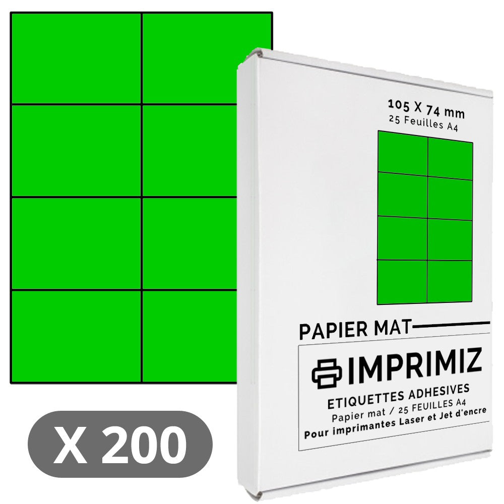 200 Étiquettes 105 x 74 mm - Vert - 25 Feuilles autocollantes A4