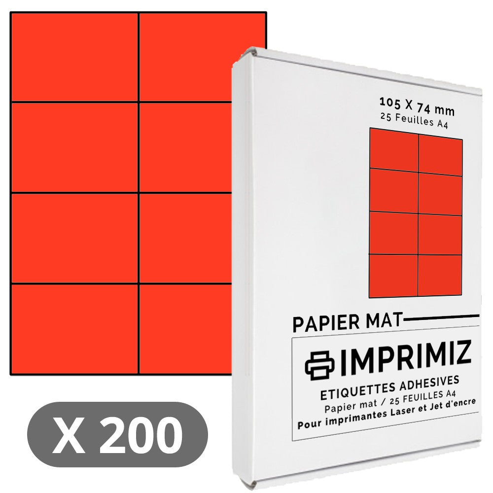 200 Labels 105 x 74 mm - Red - 25 A4 Self-Adhesive Sheets