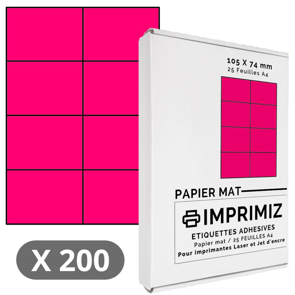 200 Labels 105 x 74 mm - Pink - 25 A4 Self-Adhesive Sheets