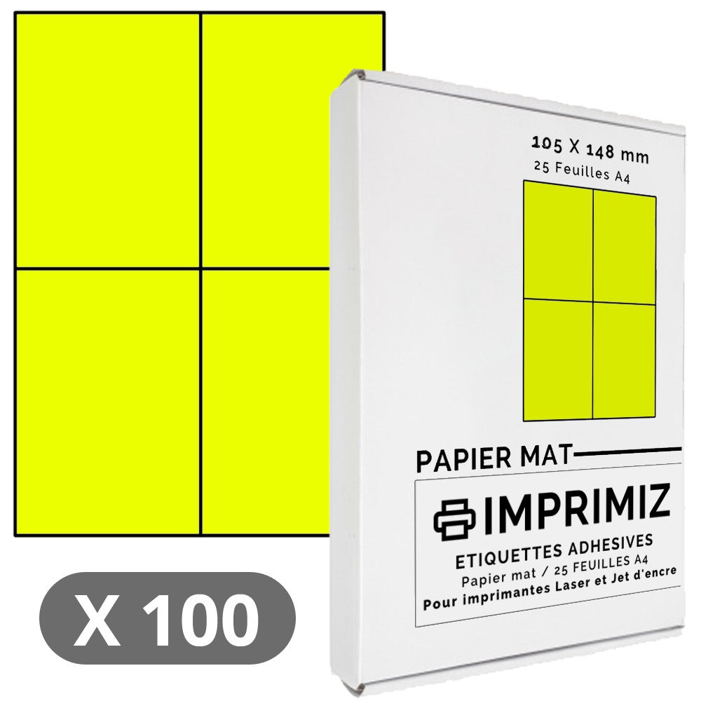 100 Labels 105 x 148.5 mm - Fluorescent yellow - 25 A4 self-adhesive sheets