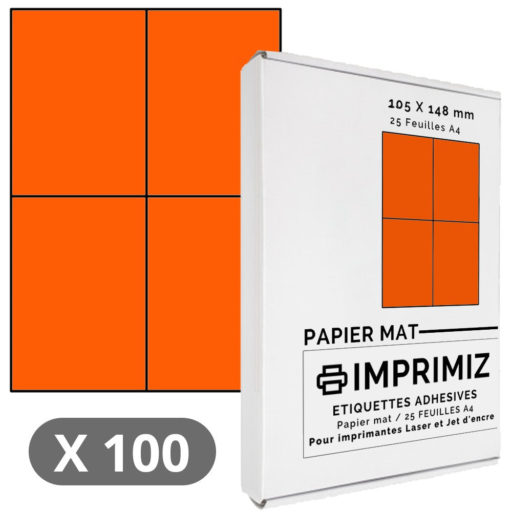 100 Labels 105 x 148.5 mm - Fluorescent orange - 25 A4 self-adhesive sheets