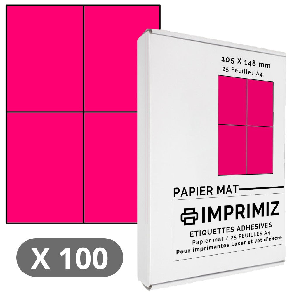 100 Labels 105 x 148.5 mm - Neon pink - 25 A4 self-adhesive sheets