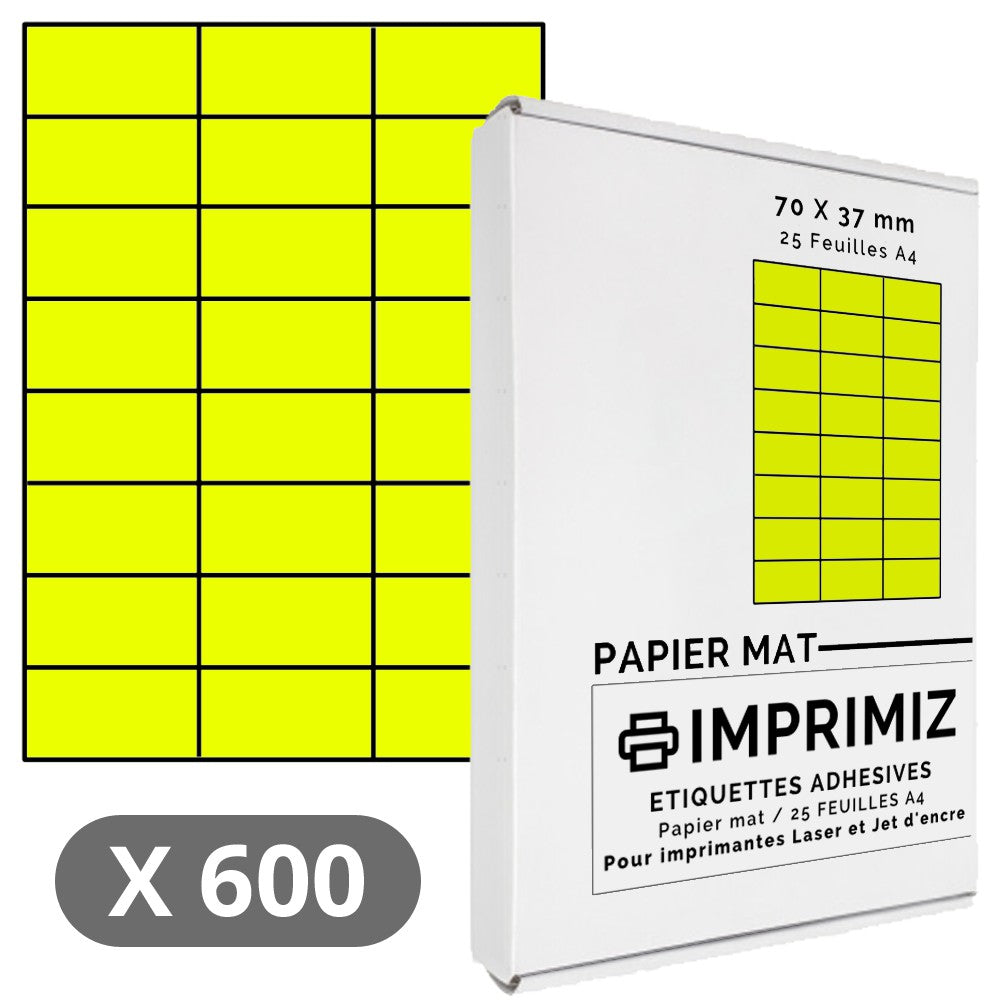 600 Étiquettes 70 x 37 mm - Jaune fluo - 25 Feuilles autocollantes A4