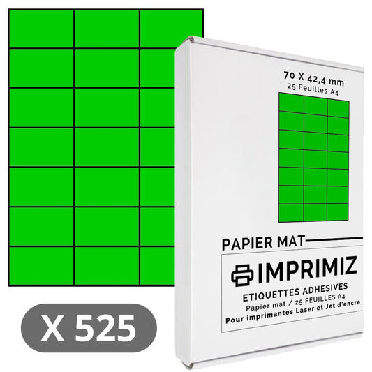 525 Étiquettes 70 X 42.4 mm - Vert- 25 Feuilles autocollantes A4