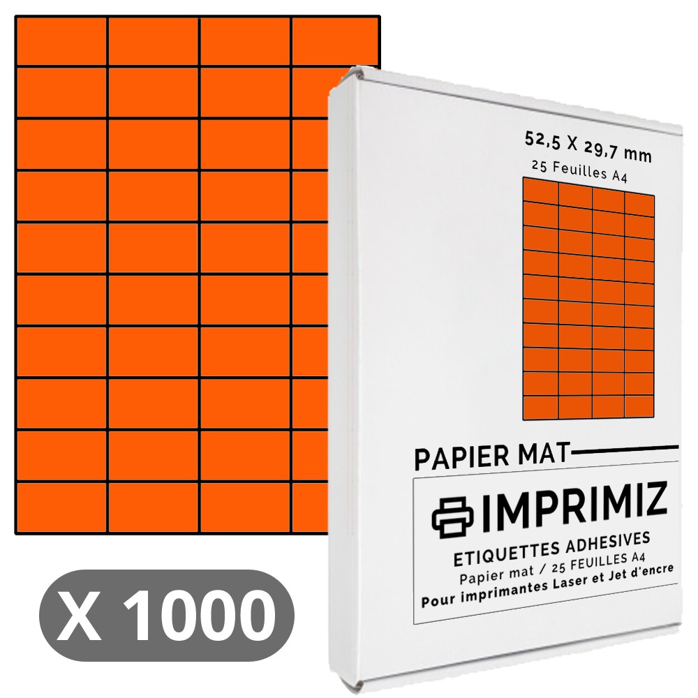 1000 Labels 52.5 x 29.7 mm - Fluorescent orange - 25 A4 self-adhesive sheets