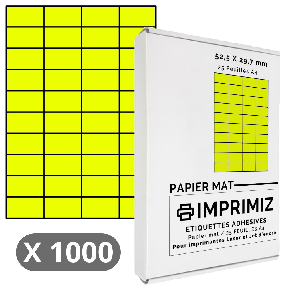 1000 Étiquettes 52.5 x 29.7 mm - Jaune fluo - 25 Feuilles autocollantes A4